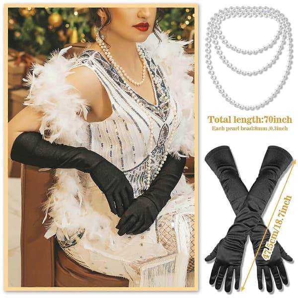 Flapper Tilbehør, 1920'er Gatsby Tilbehør til Kvinder Inkluderer Flapper Pandebånd Halskæde Handsker Sort