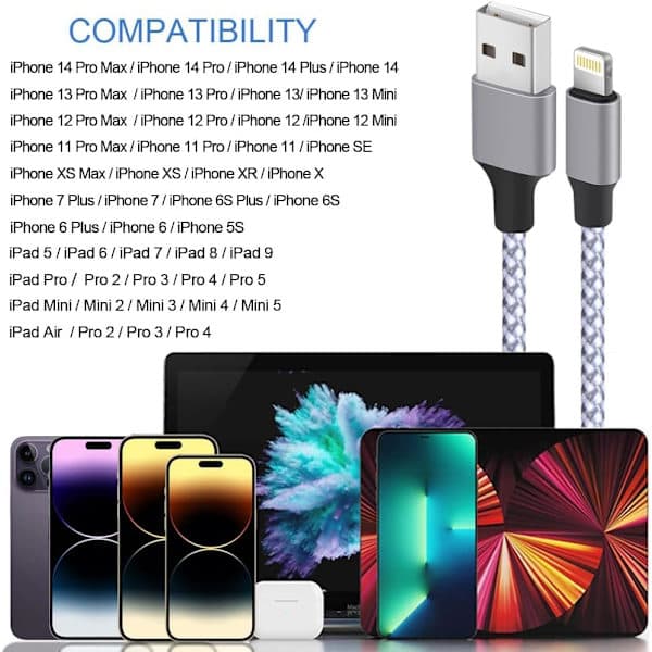Oplader til iPhone, Lightning-kabel 3-pak 1,8 m USB-ladekabel