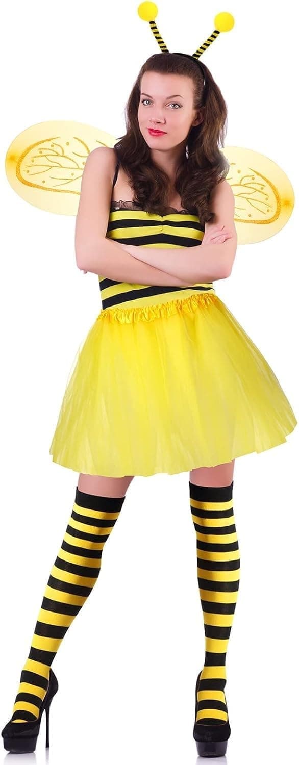 4-delt bikostume til kvinder, gult antennehårbånd, tylskørt, stribede strømper til Halloween, honningbifest, cosplay