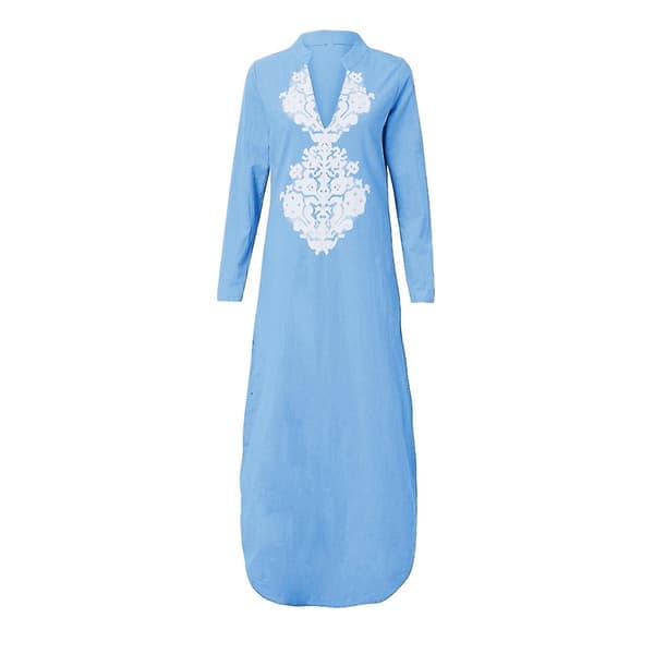 Damtryckt långärmad V-ringad klänning med slitsfåll, lös kaftan långklänning blå M Blue M