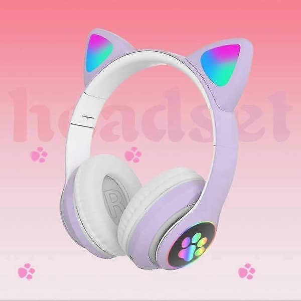 Gaming Headset Mode Bluetooth Katteøre LED Lys Trådløst Headset-Pink