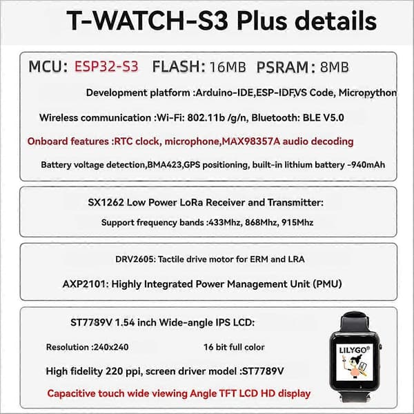 T-Watch-S3 Plus GPS LoRa ohjelmoitava kello 433MHz