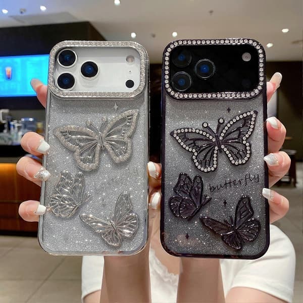 Etui til iPhone 17 Pro Max med rhinestone sommerfugldekor, TPU-bakside, sølv