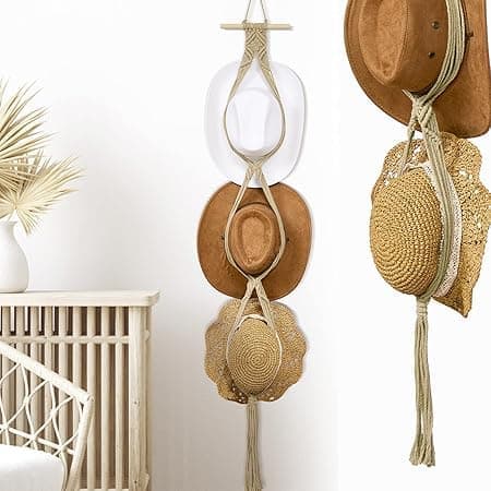 (Beige, tre hattar stil) Makramé hatthängare hatthållare för vägg