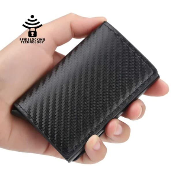 Kulfiber Pop-up Kortholder med RFID Beskyttelse PU Sort Sort