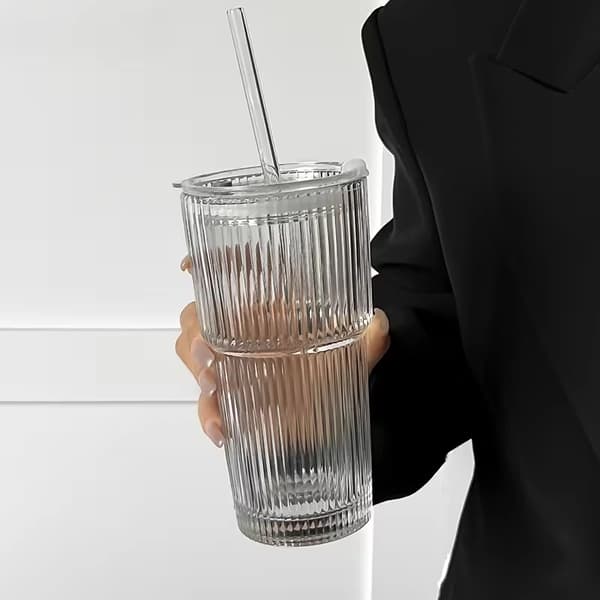 3-pack 550–600 ml glaskaffekoppar med lock och sugrör – mångsidiga drickmuggar