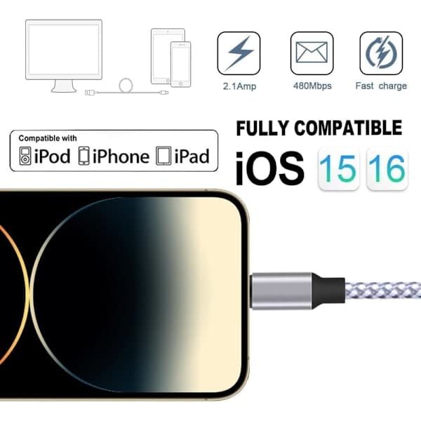 Oplader til iPhone, Lightning-kabel 3-pak 1,8 m USB-ladekabel