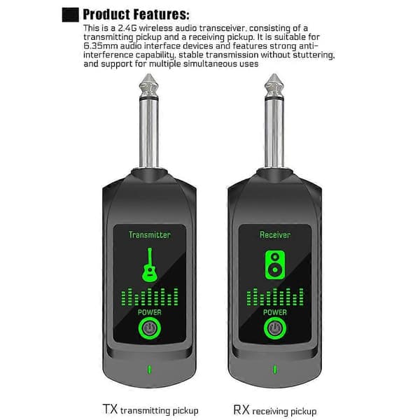2.4G trådløst mikrofonsender-modtagersystem til dynamisk mikrofon, guitar, lydmixer, PA-system, lydoptagelse B Black B