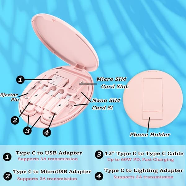 Monipuolinen USB-lataussovitinkaapelisarja, USB C - Lightning-sovitinrasia (Pinkki) vaaleanpunainen pink