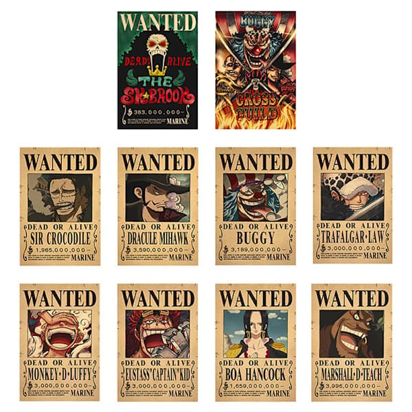 10 affischer One Piece Wanted Poster Luffy Pappersdekor 10 st/set