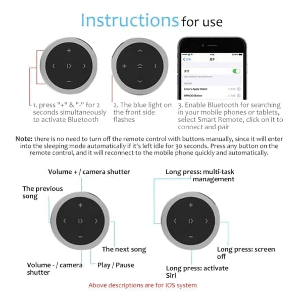 Rattfjernkontroll, trådløse Bluetooth 3.0 medietaster, musikkavspilling, fjernkontroll kompatibel med iOS/Android-systemer.