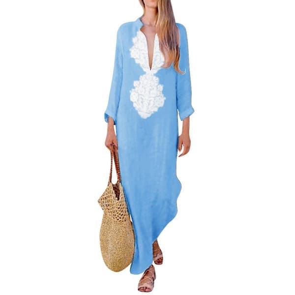 Damtryckt långärmad V-ringad klänning med slitsfåll, lös kaftan långklänning blå S Blue S
