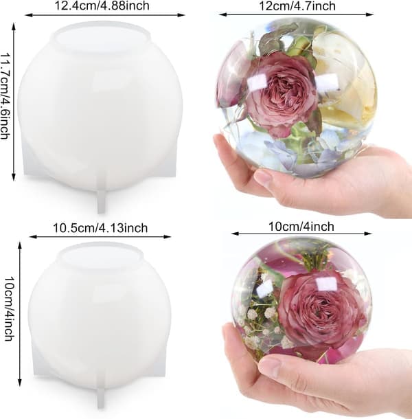 Sæt med 2 store kugleformede harpiksforme, 11,9 cm og 10,2 cm, sømløse forme til stearinlysfremstilling