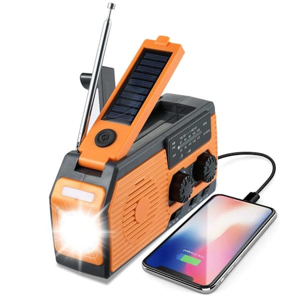 Håndsvingradio med solcelle, lommelygte og 5000mAh strøm - Perfekt