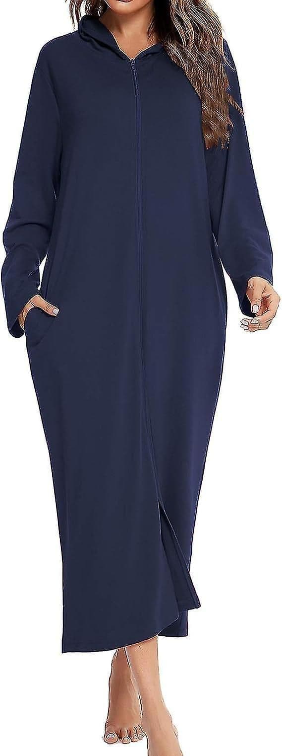 Lang badekåpe for kvinner med hette, glidelås, full lengde, ensfarget marineblå L Navy blue L