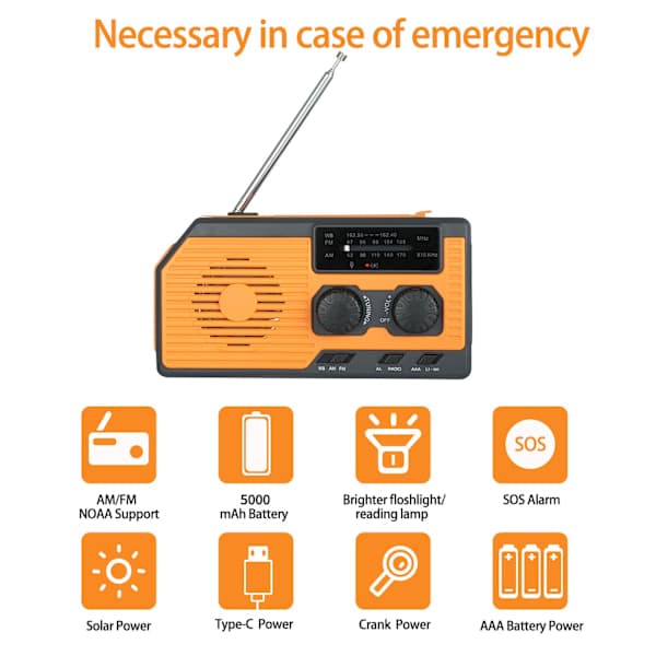 Håndsvingradio med solcelle, lommelygte og 5000mAh strøm - Perfekt