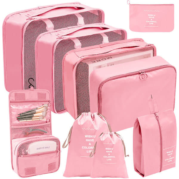 9-pack packkuber bagagepackningsorganisatörer för resetillbehör rosa