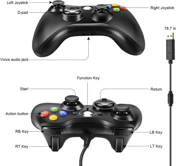 Xbox 360 Controller, USB-kablet controller med forbedret dobbeltvibration og ergonomisk design til Microsoft Xbox 360 & Slim & PC Windows 7/8/10(B