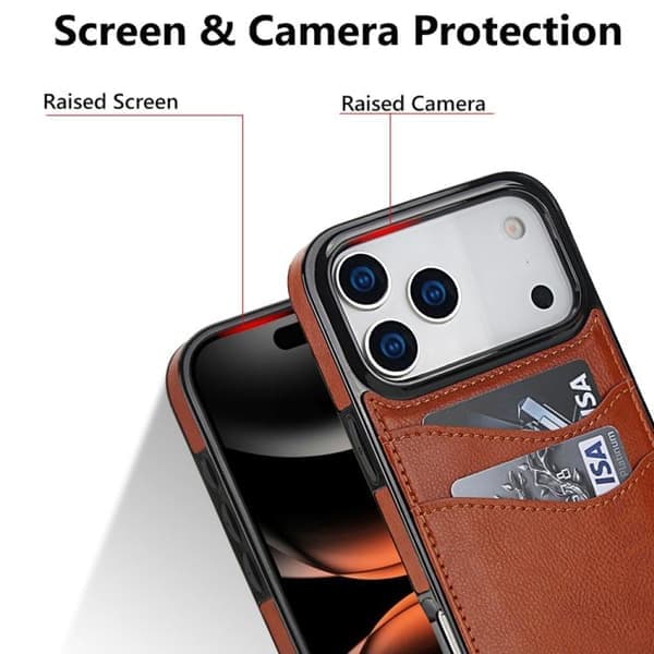 iPhone 17 Pro Max Cover - Litchi Læder med Kortplads Brun Brun