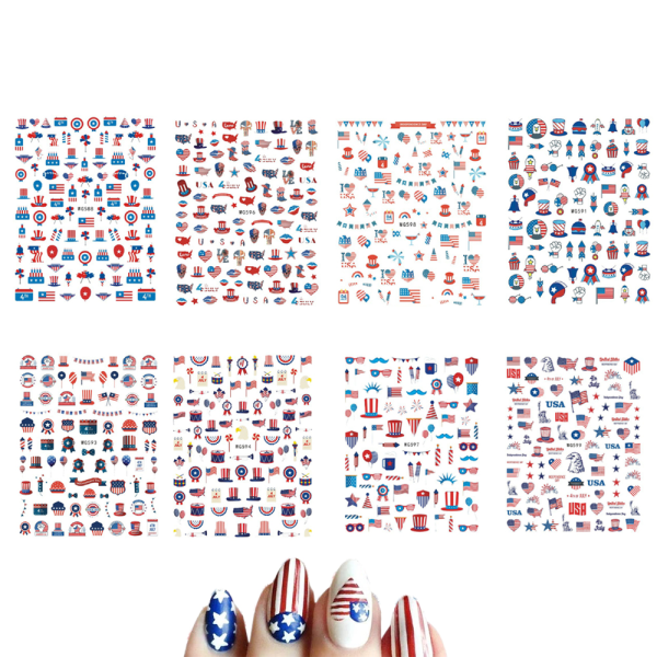 4th of July Nail Art Stickers, Independence Day Flag Patriotic Nail Decals, 3D Självhäftande Nail Art Design för Memorial Day DIY Nail Dekoration