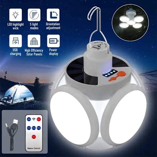 Campinglampa Deluxe - Solcell + USB - Vikbar -