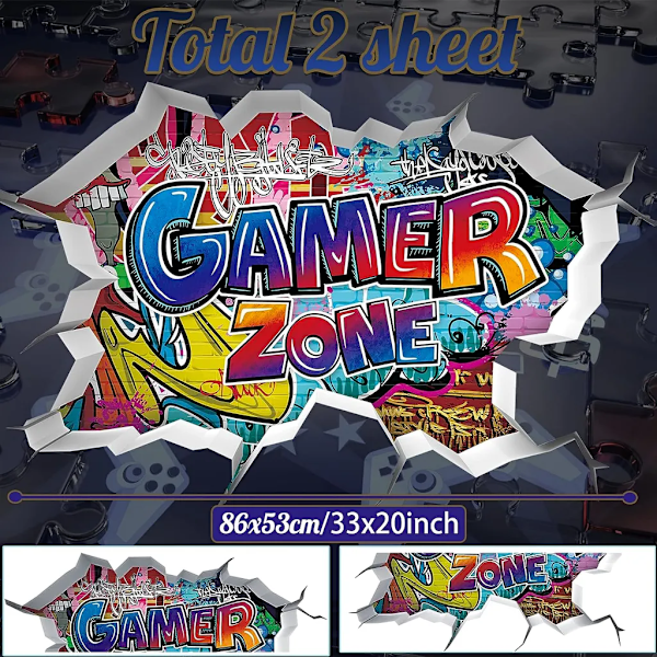 3D väggtatuering gamer, 86 x 52 cm, färgglad spelposter, väggtatuering för barnrum, pojke tonåring, modern gamer väggbild för sovrum, video
