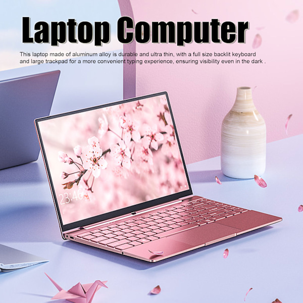 14 tums Laptop Rosa 8GB RAM IPS-skärm Quad Core 2.9GHz CPU Bakgrundsbelyst Tangentbord Laptop Dator EU-kontakt 100‑240V 8+128G EU-kontakt