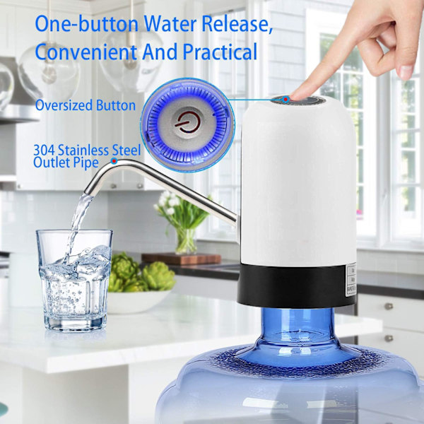 Innovativ Vattenflaskpump, Portabel Vattendispenser för 11-19 Liters Behållare, Säkerhet och Hälsa Garanterad, Spillfria Lock Ingår, USB-Laddning