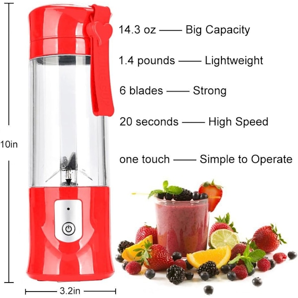 Portabel Blender för Fruktjuice, Smoothies, Mini Blender med 6 Rostfria Blad, USB Uppladdningsbar, Snabb Juiceextraktion, Livsmedelsgodkänd