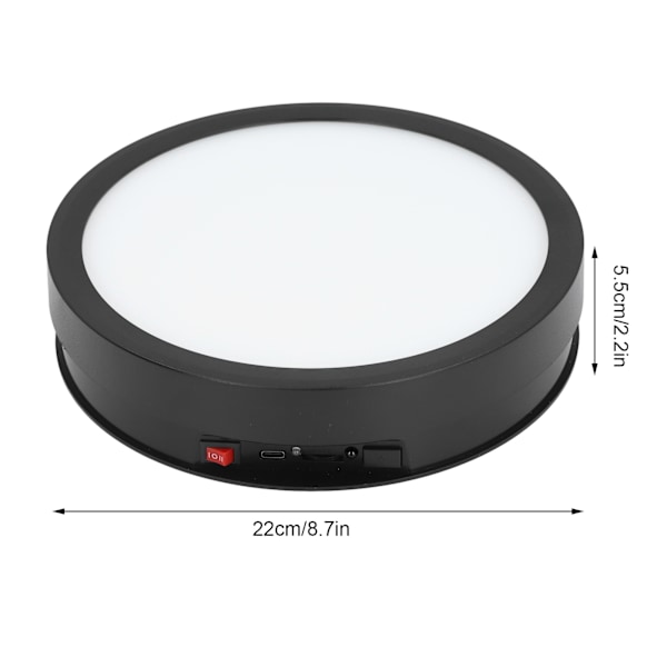 360 graders roterande displayställ, hastighet och riktning justerbar, USB-driven 22 cm elektrisk roterande skivspelare med färgglatt ljus, svart