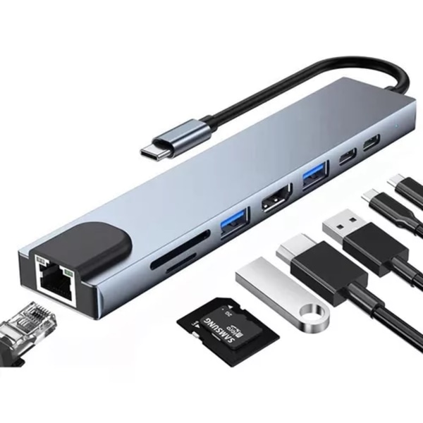 8-i-1-hub med USB-C till HDMI & Ethernet