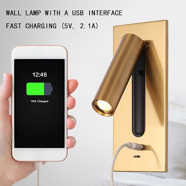 Läslampa LED sänggavellampa dold switch sänglampa, USB infälld vägg sänglampa läslampa, vägglampa skans, 350° 90° justerbar