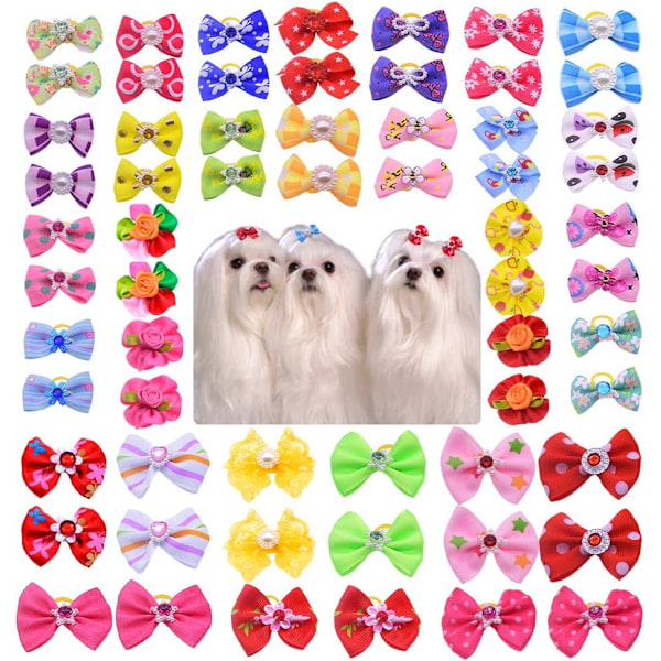 50 st/förpackning Hundhår Bågar Par Strass Pärlor Blommor Topknot Mix Stilar Hund Bågar Husdjur Skötsel Produkter Mix Färger Husdjur Hår Bågar Topknot Gummi