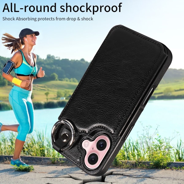 SKALO iPhone 16 PU-Läder Korthållare med Ring Skal - Svart Svart