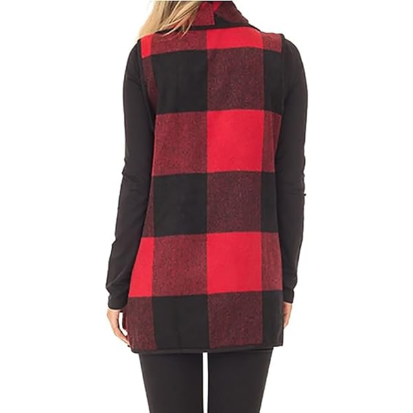 Kvinnors väst kavaj öppen fram Buffalo Plaid ärmlös kofta jacka kappa med fickor（XL）