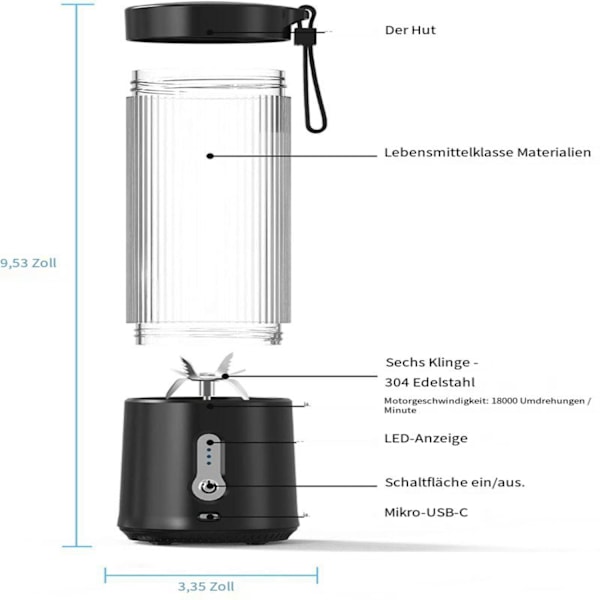 Portabel Blender För Shakes, Multifunktionella Rostfria Blad Uppladdningsbar Smoothie Maker Lättviktig BPA-Fri Med Säkerhetsbrytare För Kök