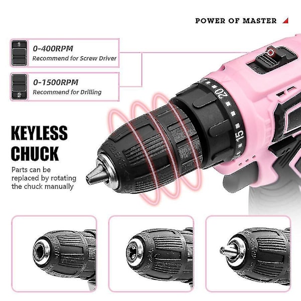 Rosa kraft rosa set för kvinnor 20v sladdlös borrmaskin verktygssats för kvinnor Li-ion elektrisk borr, kraft med verktygsväska, batteri, laddning