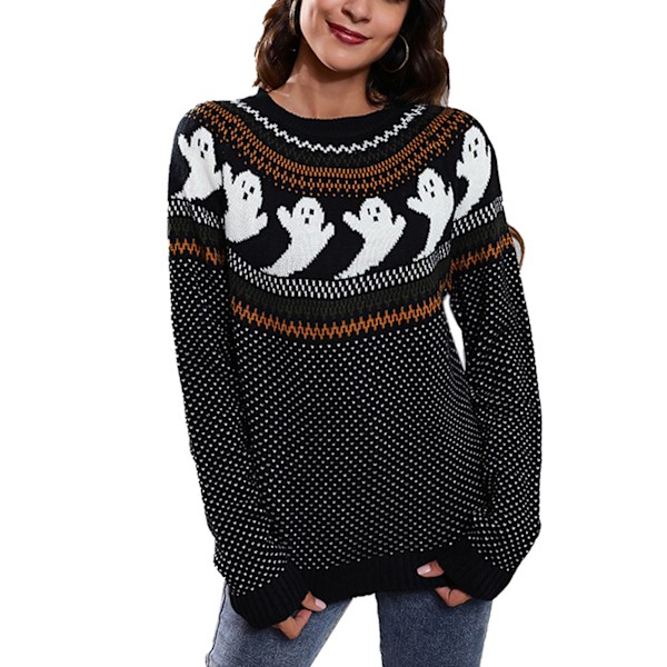 Svart M Halloween Ghost Sweater Halloween Retro Ghost Polka Dot Print Långärmad Crewneck Stickad Tröja för Kvinnor