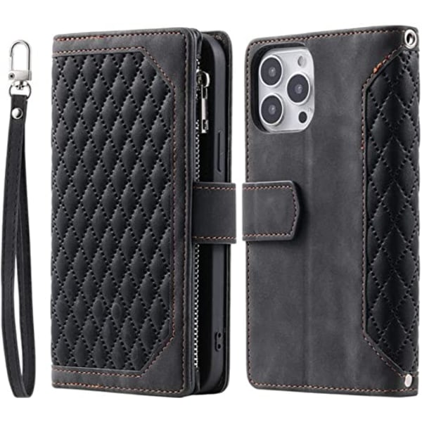 Long Lanyard läder fodral för iphone 14 pro med 7 kortplatser lila lila