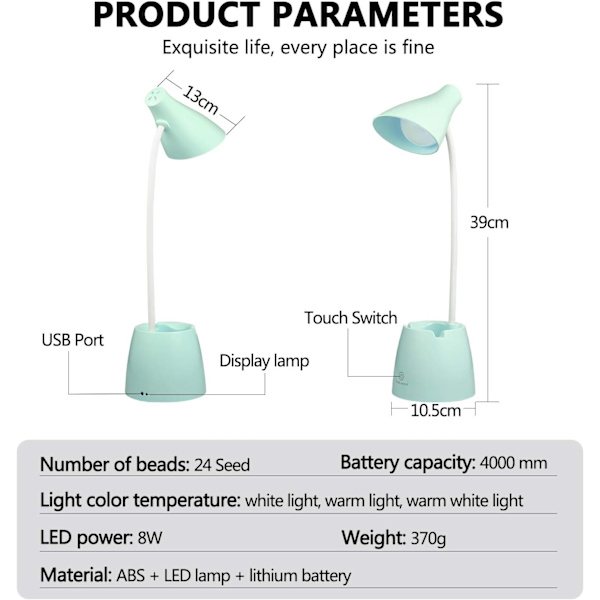 Skrivbordslampa, LED-bordslampa 3 belysningslägen och touchsensor, 360° roterande skrivbordslampa med dimbar intensitet för läsning, studier, arbete (Grön)