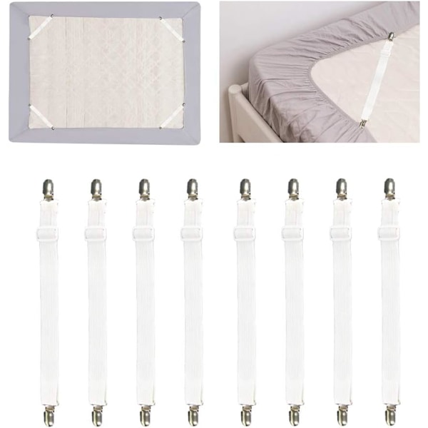Lakanhållare för fast grepp, fullt justerbara elastiska lakanfästen med slitstark vit nylon, perfekt för att hålla lakan på plats utan