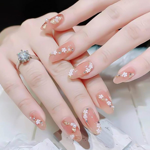 3D Blommiga Nagelkonst Berlocker Set Glitter Vita Blommor Pärla Nagelkonst Gyllene Kaviar Pärlor Nagel Dekoration Akryl Nagelkonst Stud Nagel Tillbehör Verktyg