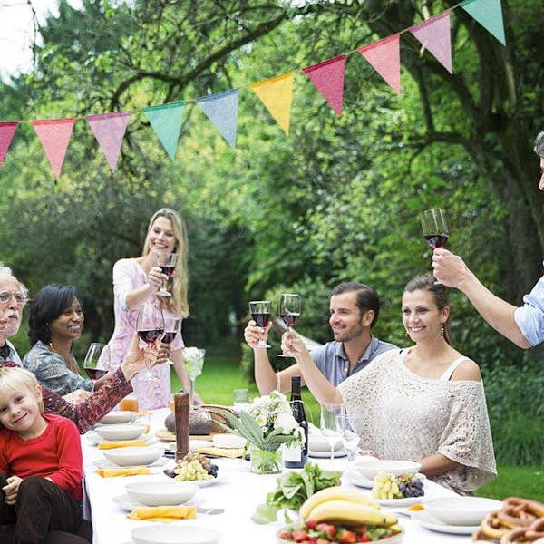 Färgade bomullsvimplar, färgglada flaggor, kransar till födelsedagsfest klassrum, utomhus grand opening juldekorationer
