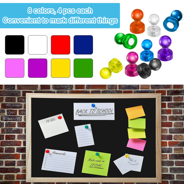 Små kylskåpsmagneter för whiteboard, 32 st färgglada magnetiska push-pins set, starka magnetiska stift med en låda, magnet för kylskåp, whiteboard,