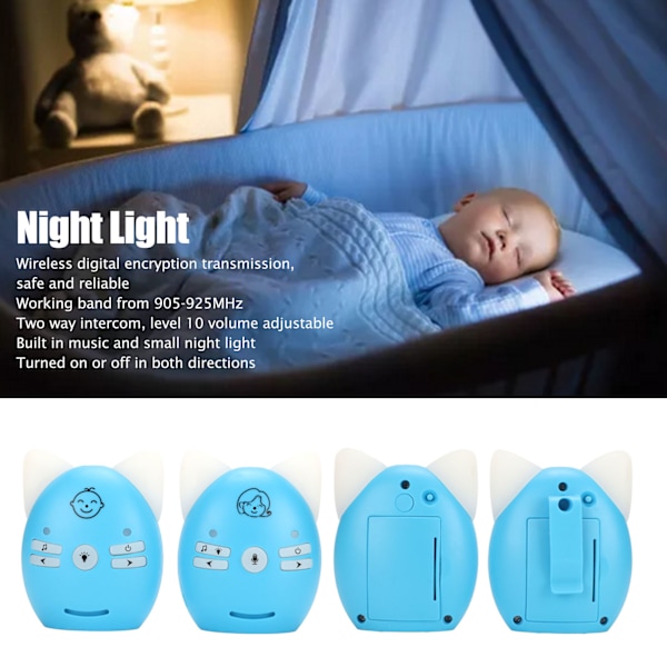 Audio Baby Monitor ISM 905 till 925MHz 100 till 240V Trådlös Digital Krypteringsöverföring 10 Volymjusteringar för Barn Blå