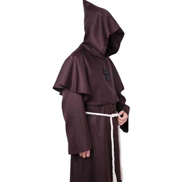 Munkdräkt, medeltida klostermunk med huva, renässanspräst, kappa, dräkt, Halloween och kostym brown L brown L
