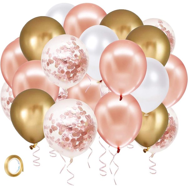 Rosa guld konfetti latexballonger, 50-pack vitguldsballong 12