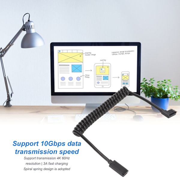 USB C-kabel USB C Hona till USB C Hane 4K 60Hz 3A Snabbladdning 10Gbps 1,2m Spiraldesign USB C Strömkabel Hona till Hane Sidoböjd