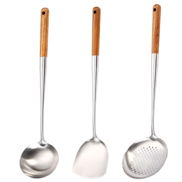 Wok skrapa och skimmer slev verktyg set, trähandtag förlängd spatel, 304 kök wok bestick, 3-delad set