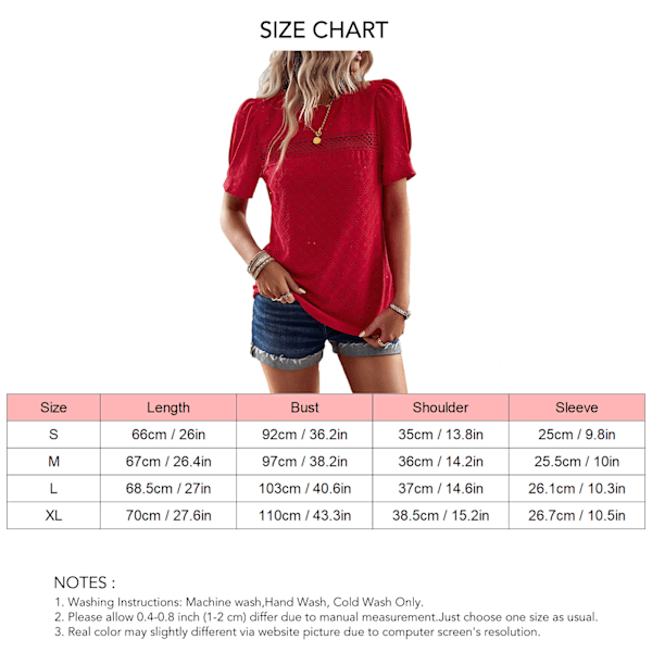 Dam T-shirt Spetskant Rund Hals Kort Puffärm Enfärgad Casual Dam Pullover Topp för Vår Sommar Röd L